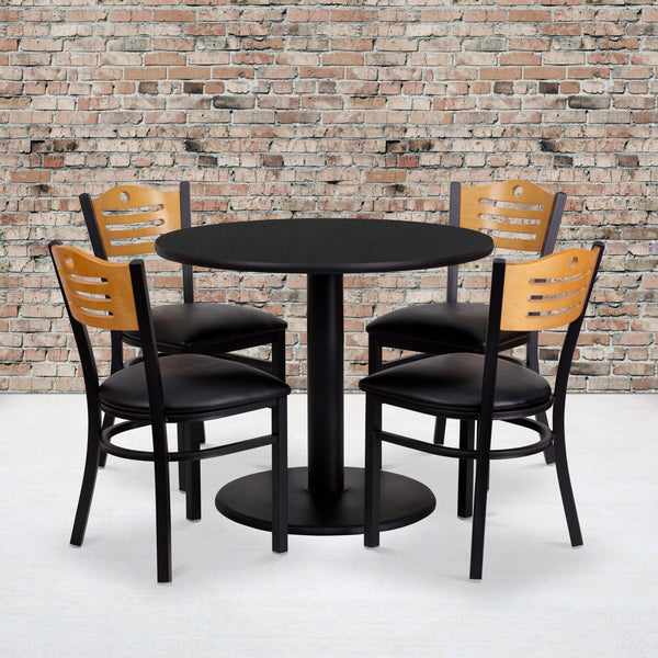36inch Round Black Laminate Table Set with 4 Metal Chairs - Black Vinyl Seat