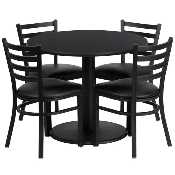 Black Top/Black Vinyl Seat |#| 36inch Round Black Laminate Table with Round Base & 4 Ladder Back Metal Chairs