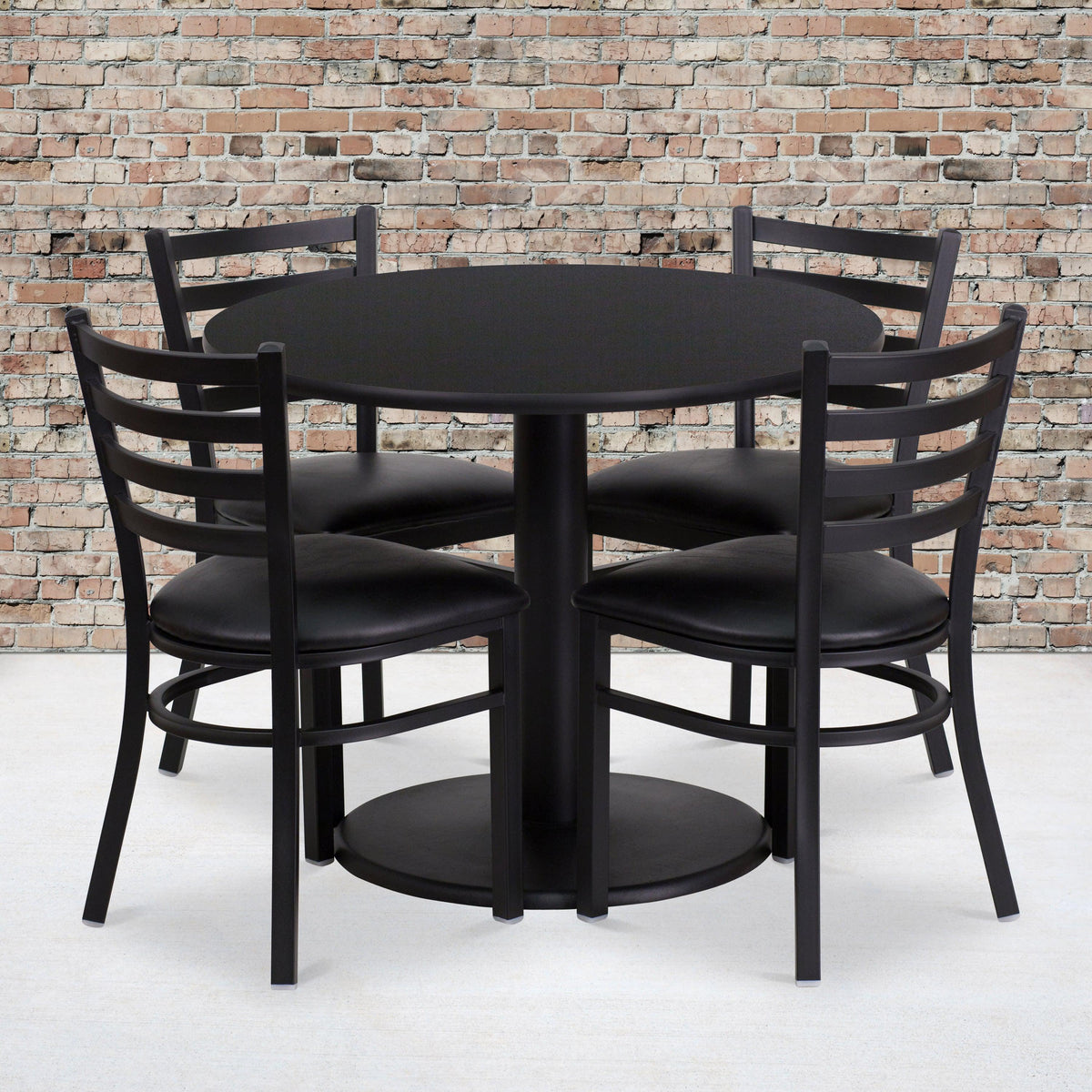 Black Top/Black Vinyl Seat |#| 36inch Round Black Laminate Table with Round Base & 4 Ladder Back Metal Chairs