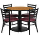 Natural Top/Burgundy Vinyl Seat |#| 36inch RD Natural Laminate Table with Round Base & 4 Metal Chairs-Burg Vinyl Seat