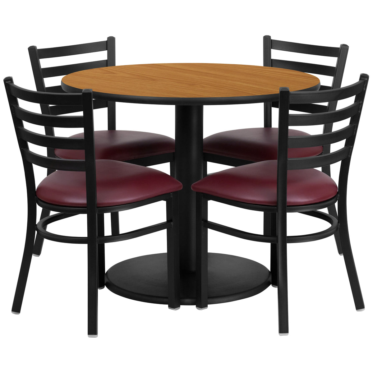 Natural Top/Burgundy Vinyl Seat |#| 36inch RD Natural Laminate Table with Round Base & 4 Metal Chairs-Burg Vinyl Seat