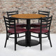 Natural Top/Burgundy Vinyl Seat |#| 36inch RD Natural Laminate Table with Round Base & 4 Metal Chairs-Burg Vinyl Seat
