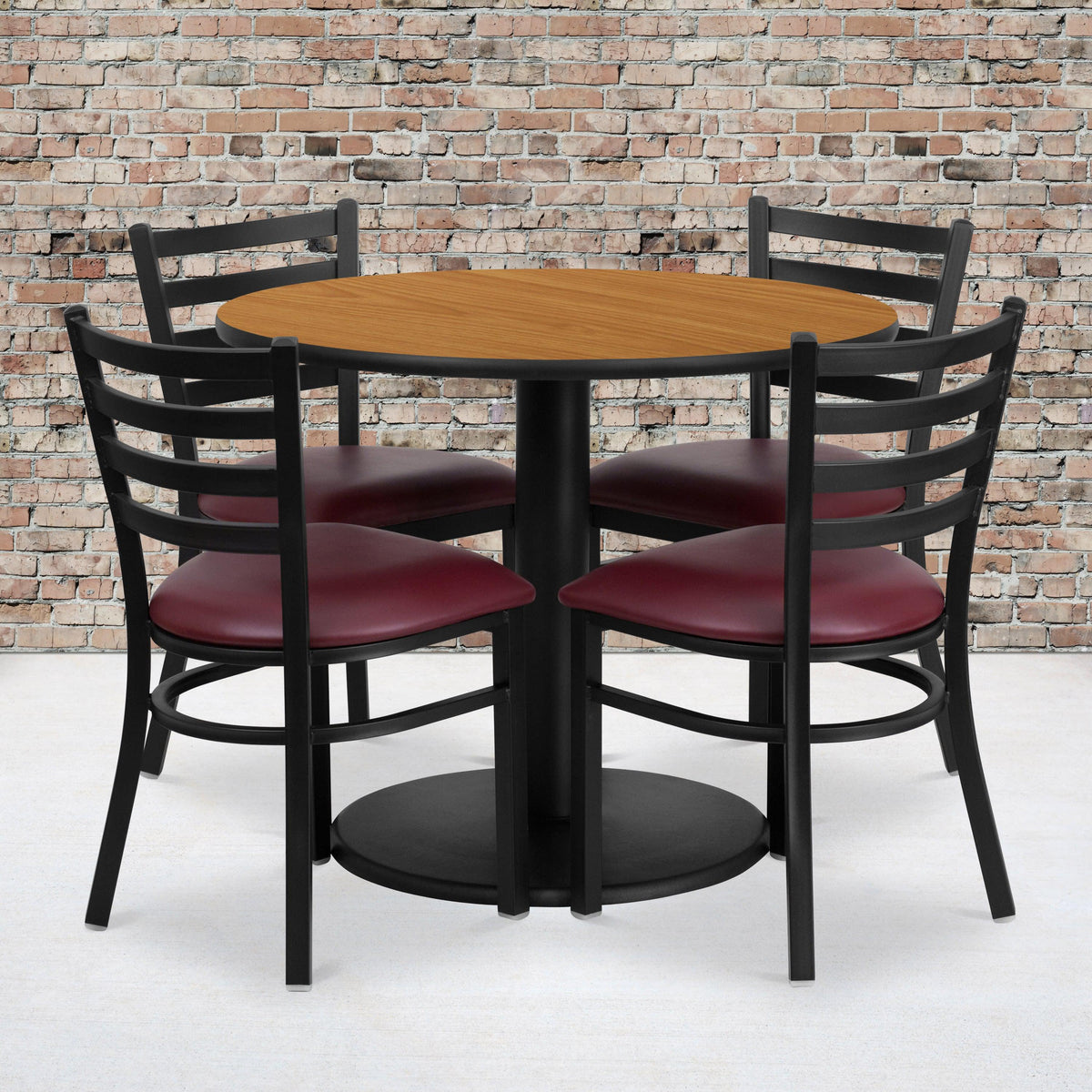 Natural Top/Burgundy Vinyl Seat |#| 36inch RD Natural Laminate Table with Round Base & 4 Metal Chairs-Burg Vinyl Seat