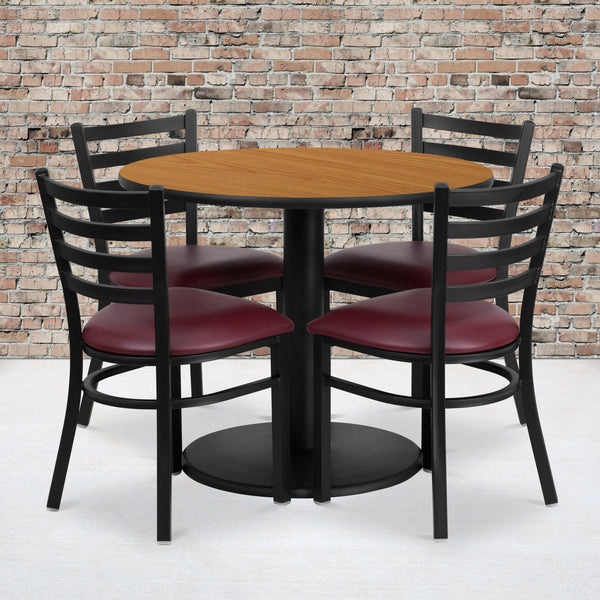 Natural Top/Burgundy Vinyl Seat |#| 36inch RD Natural Laminate Table with Round Base & 4 Metal Chairs-Burg Vinyl Seat