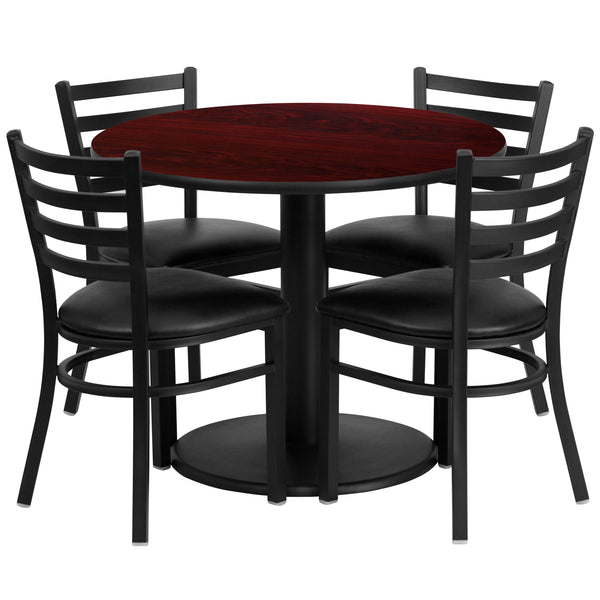 Mahogany Top/Black Vinyl Seat |#| 36inch Round Mahogany Laminate Table with Round Base & 4 Ladder Back Metal Chairs
