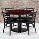 Mahogany Top/Black Vinyl Seat |#| 36inch Round Mahogany Laminate Table with Round Base & 4 Ladder Back Metal Chairs
