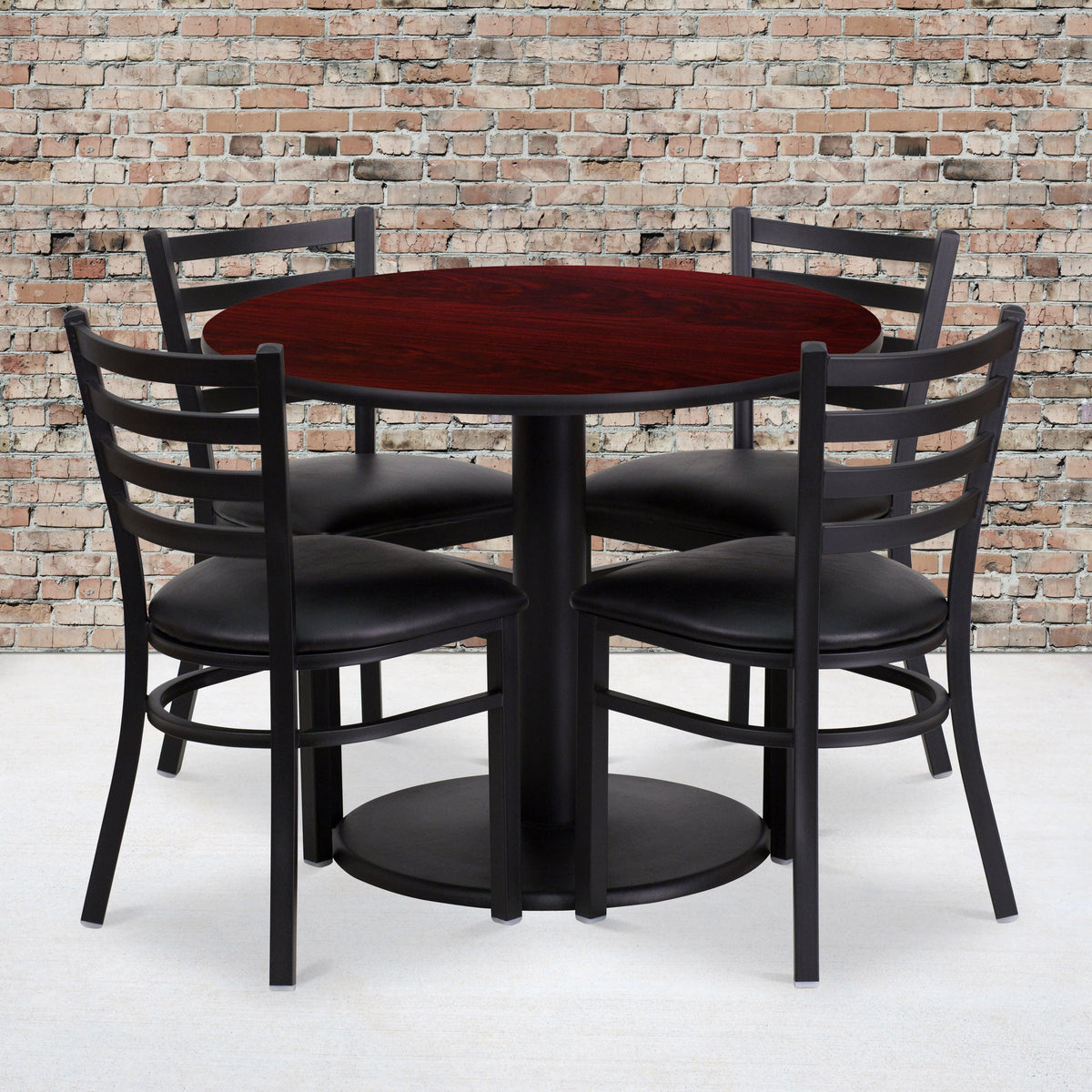 Mahogany Top/Black Vinyl Seat |#| 36inch Round Mahogany Laminate Table with Round Base & 4 Ladder Back Metal Chairs