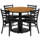 Natural Top/Black Vinyl Seat |#| 36inch Round Natural Laminate Table with Round Base and 4 Ladder Back Metal Chairs