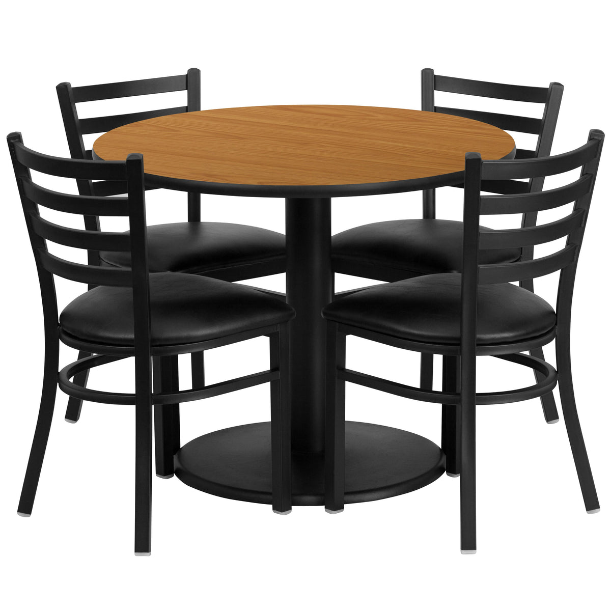 Natural Top/Black Vinyl Seat |#| 36inch Round Natural Laminate Table with Round Base and 4 Ladder Back Metal Chairs