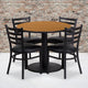 Natural Top/Black Vinyl Seat |#| 36inch Round Natural Laminate Table with Round Base and 4 Ladder Back Metal Chairs