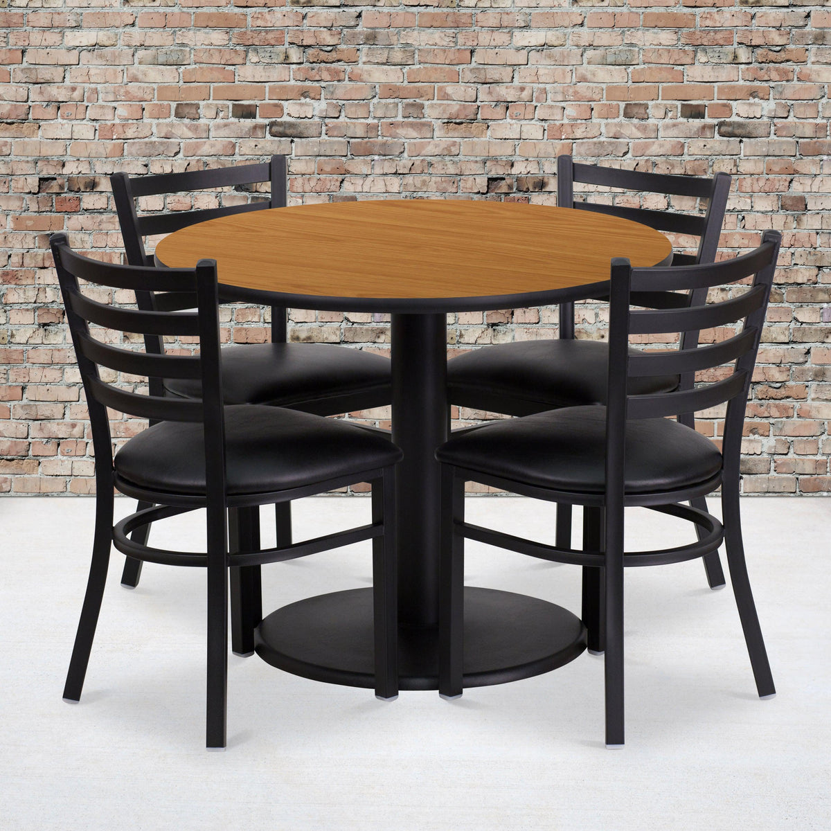Natural Top/Black Vinyl Seat |#| 36inch Round Natural Laminate Table with Round Base and 4 Ladder Back Metal Chairs