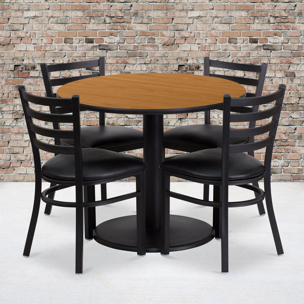 Natural Top/Black Vinyl Seat |#| 36inch Round Natural Laminate Table with Round Base and 4 Ladder Back Metal Chairs