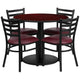 Mahogany Top/Burgundy Vinyl Seat |#| 36inch RD Mahogany Laminate Table with Round Base & 4 Metal Chairs-Burg Vinyl Seat