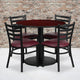 Mahogany Top/Burgundy Vinyl Seat |#| 36inch RD Mahogany Laminate Table with Round Base & 4 Metal Chairs-Burg Vinyl Seat