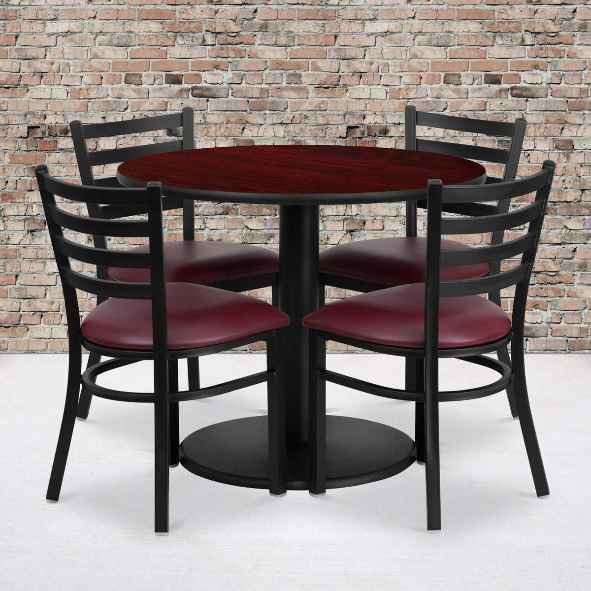 Mahogany Top/Burgundy Vinyl Seat |#| 36inch RD Mahogany Laminate Table with Round Base & 4 Metal Chairs-Burg Vinyl Seat