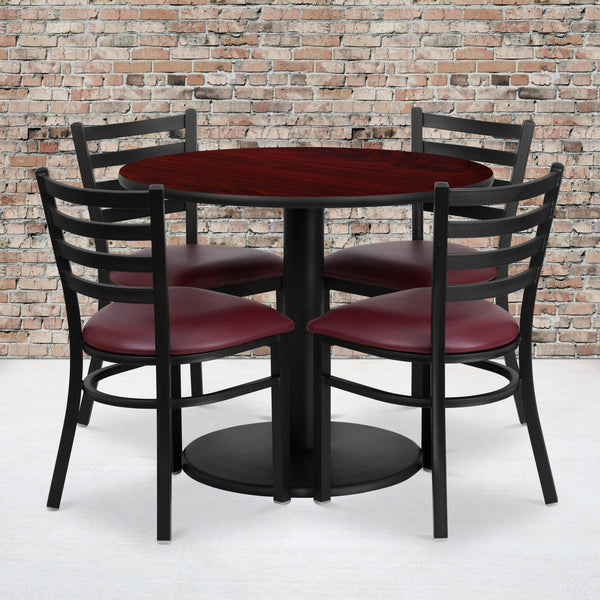 Mahogany Top/Burgundy Vinyl Seat |#| 36inch RD Mahogany Laminate Table with Round Base & 4 Metal Chairs-Burg Vinyl Seat