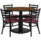 Walnut Top/Burgundy Vinyl Seat |#| 36inch RD Walnut Laminate Table with Round Base & 4 Metal Chairs - Burg Vinyl Seat