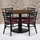Walnut Top/Burgundy Vinyl Seat |#| 36inch RD Walnut Laminate Table with Round Base & 4 Metal Chairs - Burg Vinyl Seat