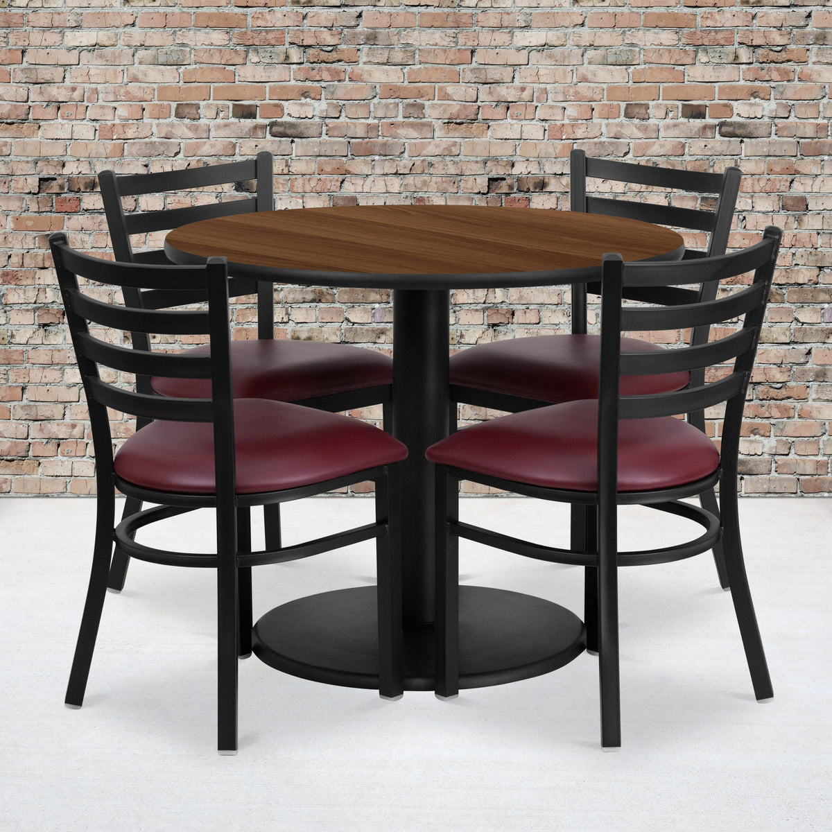 Walnut Top/Burgundy Vinyl Seat |#| 36inch RD Walnut Laminate Table with Round Base & 4 Metal Chairs - Burg Vinyl Seat