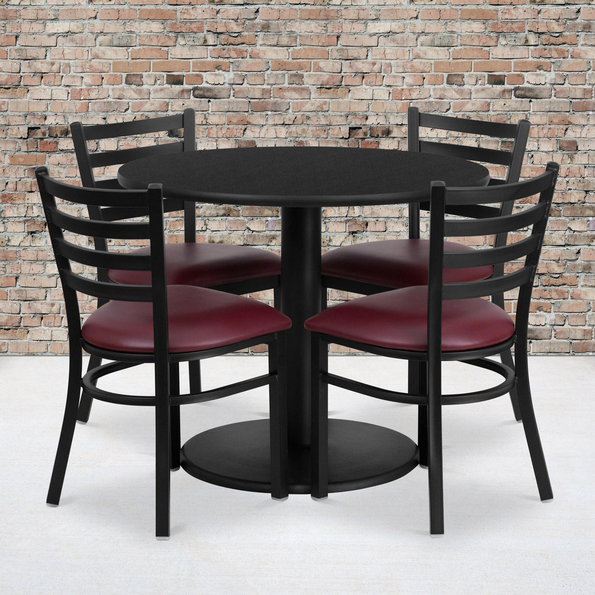 Black Top/Burgundy Vinyl Seat |#| 36inch RD Black Laminate Table w/ Round Base & 4 Metal Chairs-Burgundy Vinyl Seat