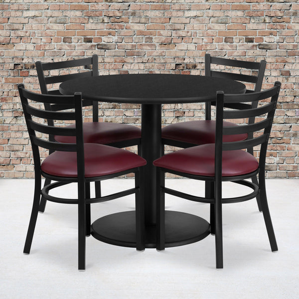 Black Top/Burgundy Vinyl Seat |#| 36inch RD Black Laminate Table w/ Round Base & 4 Metal Chairs-Burgundy Vinyl Seat