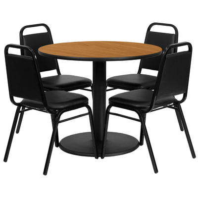 36'' Round Laminate Table Set with Round Base and 4 Trapezoidal Back Banquet Chairs - View 1