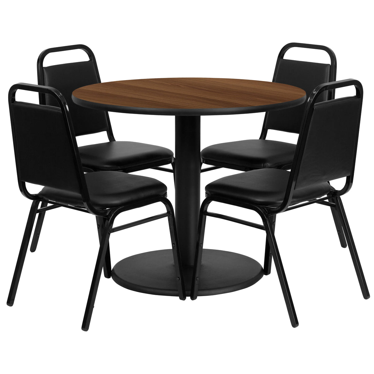 Walnut Top/Black Vinyl Seat |#| 36inch Round Walnut Laminate Table with Round Base and 4 Black Banquet Chairs