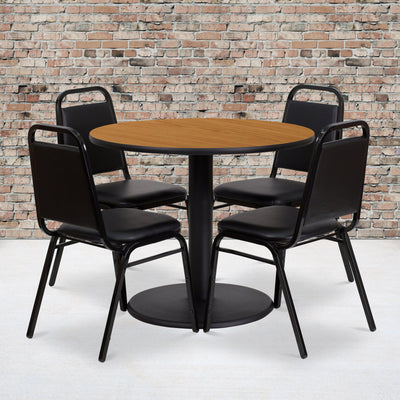 36'' Round Laminate Table Set with Round Base and 4 Trapezoidal Back Banquet Chairs