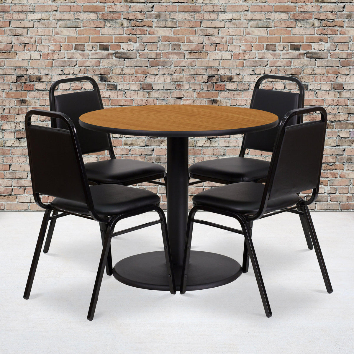 Natural Top/Black Vinyl Seat |#| 36inch Round Natural Laminate Table with Round Base and 4 Black Banquet Chairs