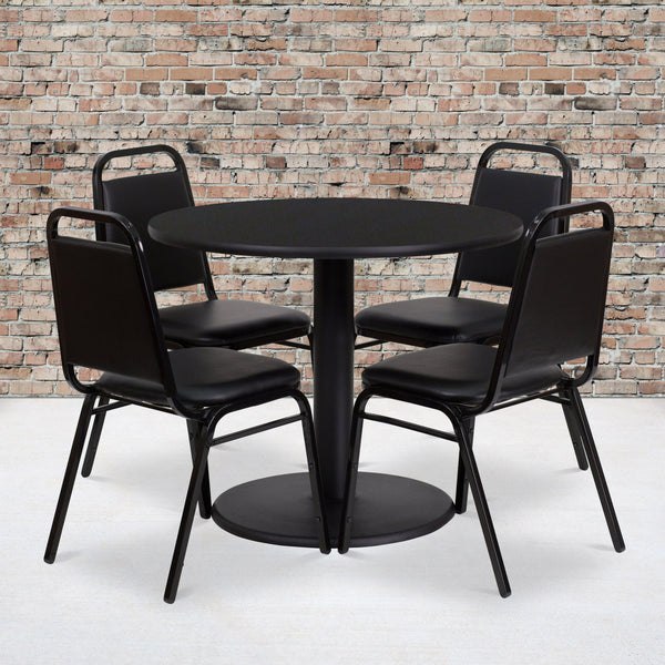 Black Top/Black Vinyl Seat |#| 36inch Round Black Laminate Table with Round Base & 4 Black Banquet Chairs