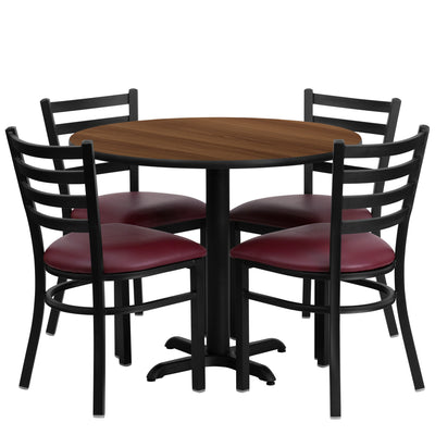 36'' Round Laminate Table Set with X-Base and 4 Ladder Back Metal Chairs