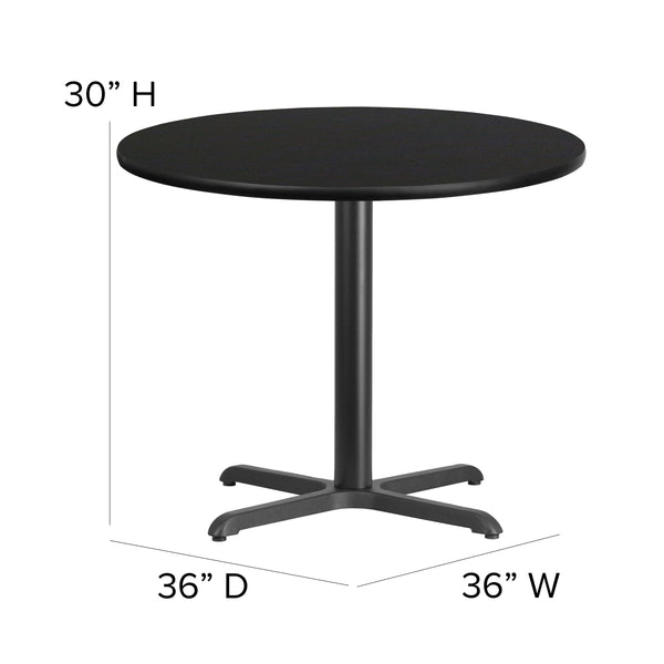 Black Top/Burgundy Vinyl Seat |#| 36inch Round Black Laminate Table w/ X-Base and 4 Metal Chairs - Burg Vinyl Seat