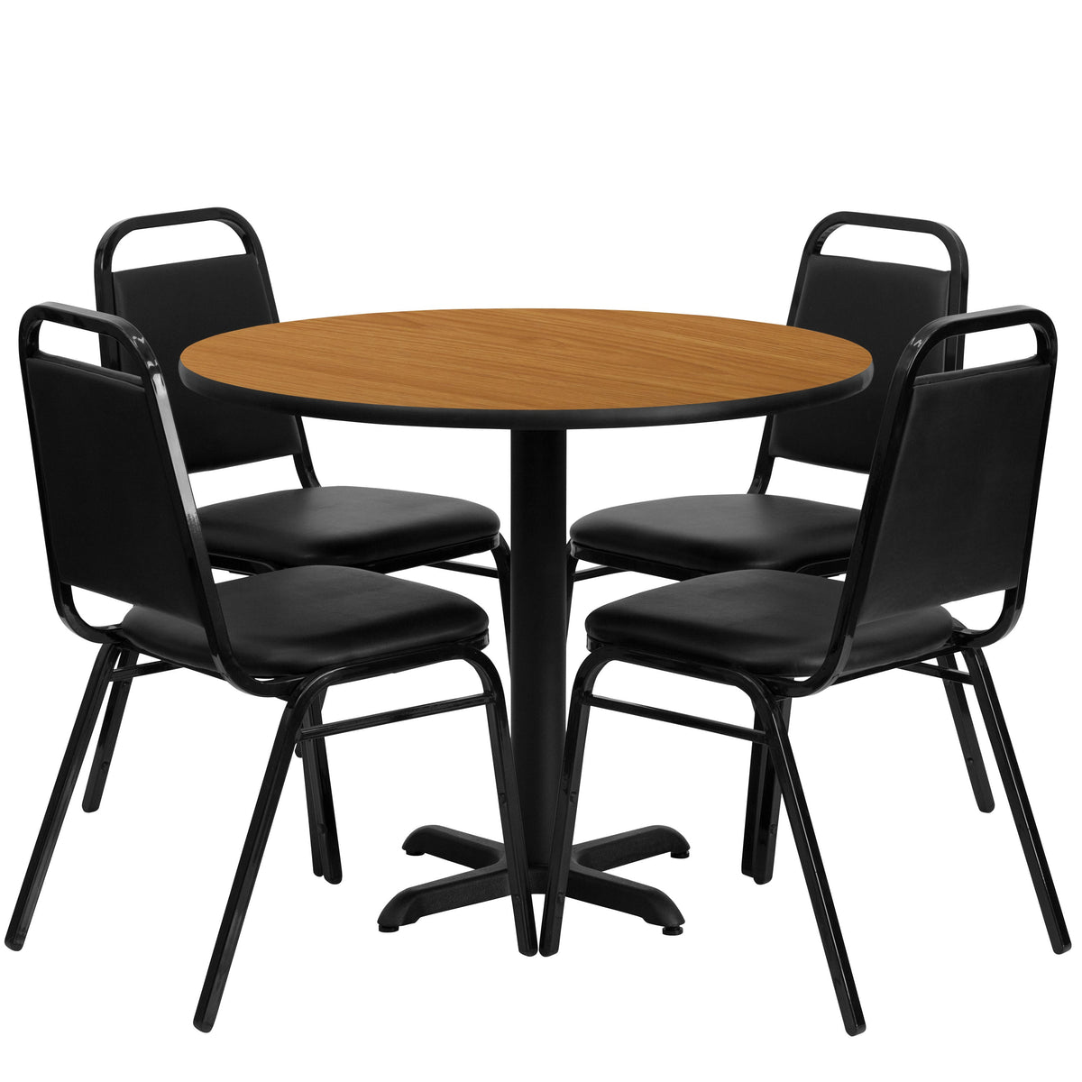 Natural Top/Black Vinyl Seat |#| 36inch Round Natural Laminate Table Set with X-Base and 4 Black Banquet Chairs