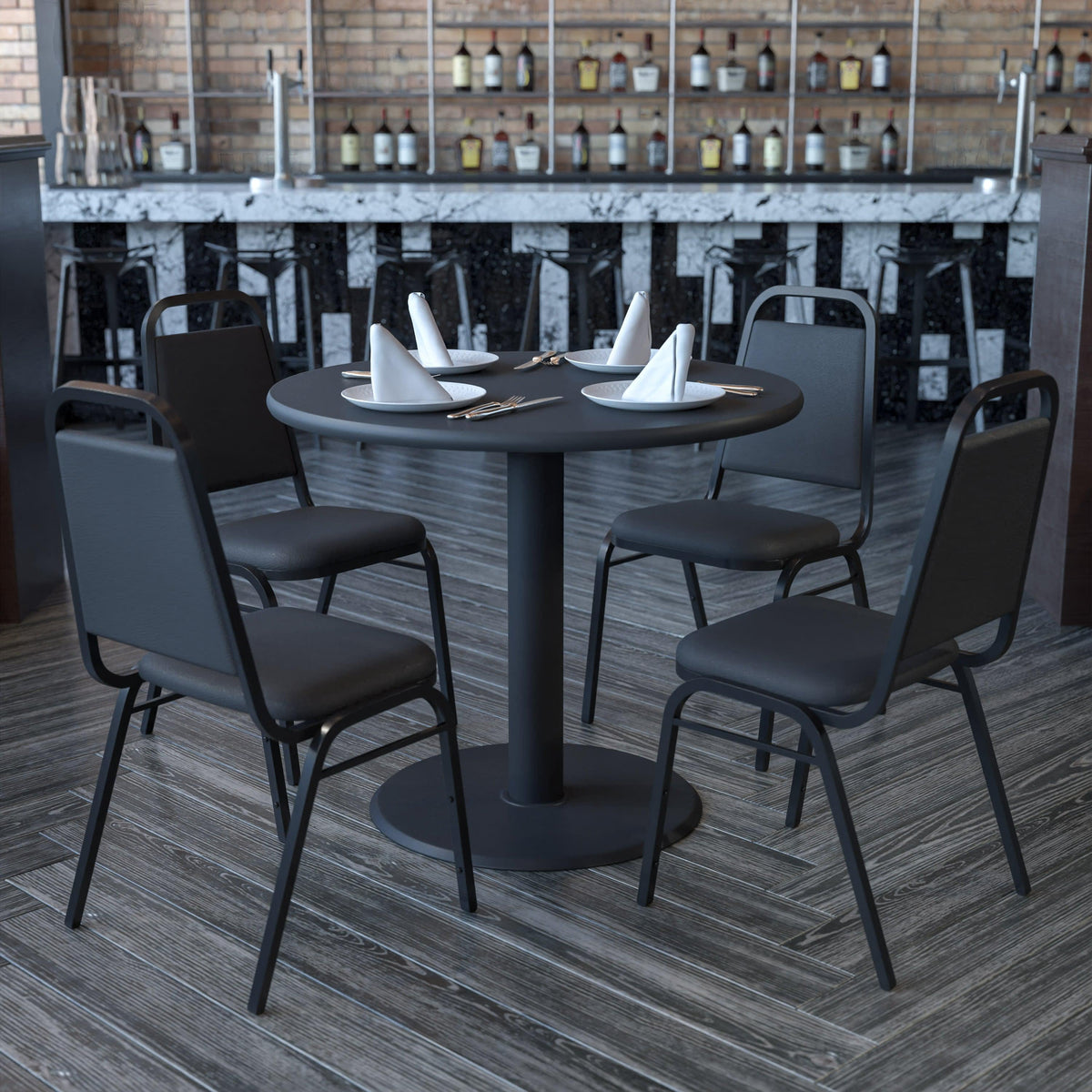 Black Top/Black Vinyl Seat |#| 36inch Round Black Laminate Table Set with X-Base and 4 Black Banquet Chairs