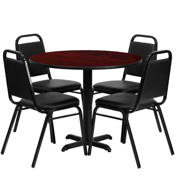 Mahogany Top/Black Vinyl Seat |#| 36inch Round Mahogany Laminate Table Set with X-Base and 4 Black Banquet Chairs
