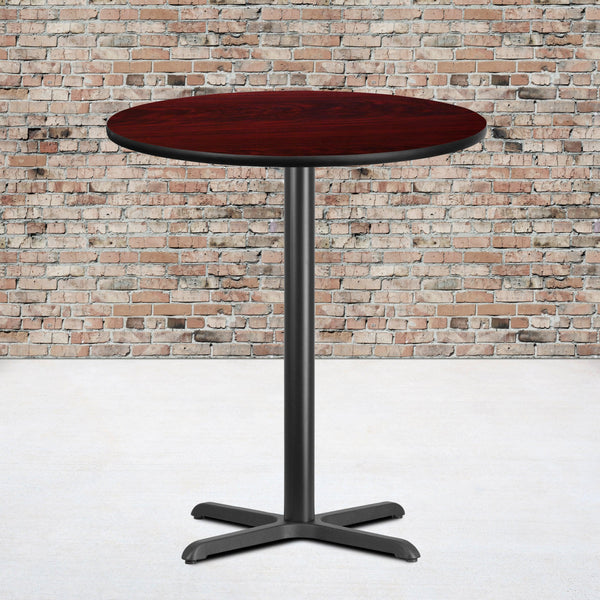 Mahogany |#| 36inch Round Mahogany Laminate Table Top with 30inch x 30inch Bar Height Table Base