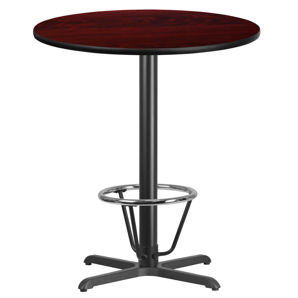 Mahogany |#| 36inch Round Mahogany Laminate Table Top & 30inchx 30inch Bar Height Base with Foot Ring