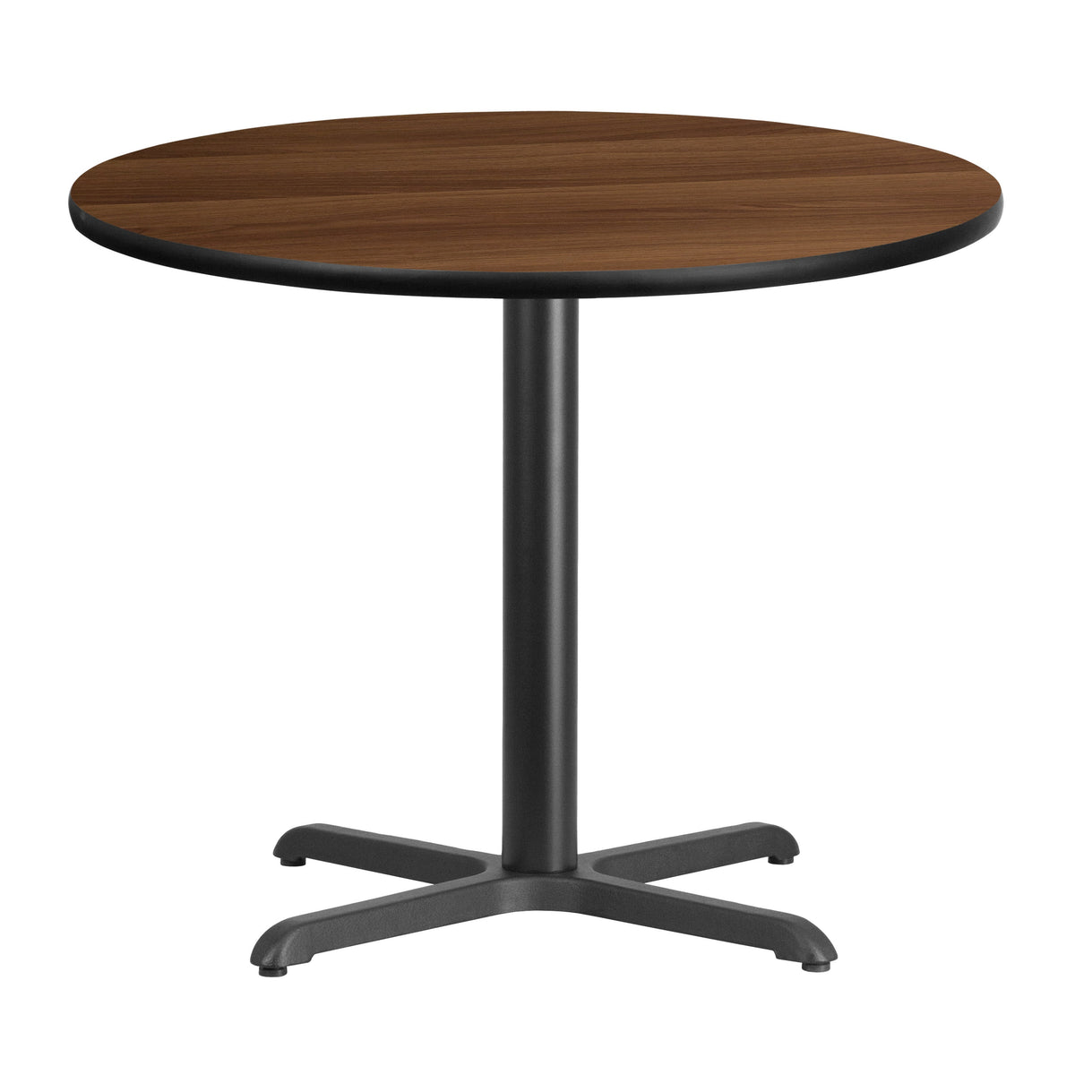 Walnut |#| 36inch Round Walnut Laminate Table Top with 30inch x 30inch Table Height Base