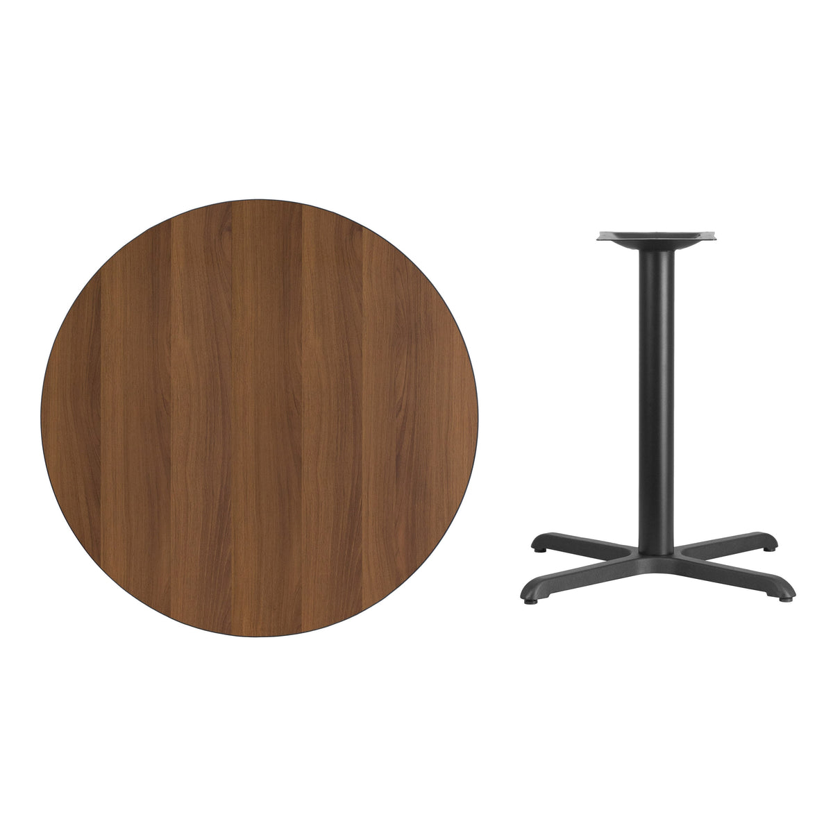 Walnut |#| 36inch Round Walnut Laminate Table Top with 30inch x 30inch Table Height Base