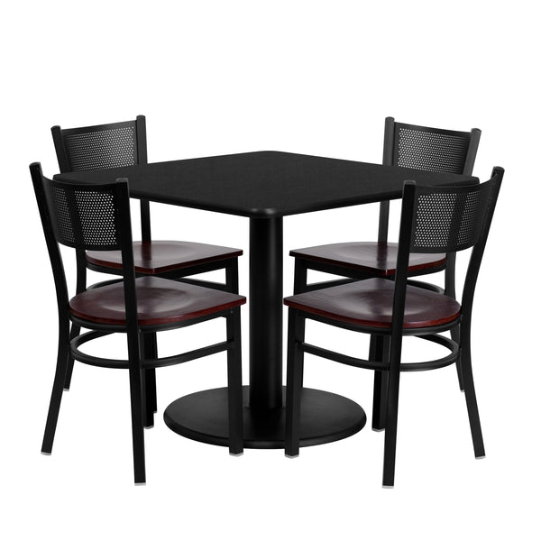 36inch Square Black Laminate Table Set with 4 Metal Chairs - Mahogany Wood Seat