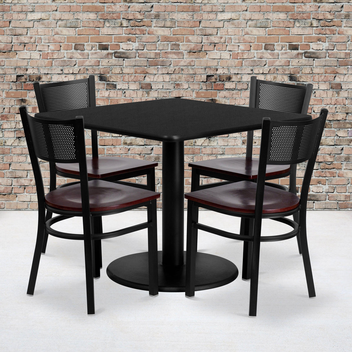 36inch Square Black Laminate Table Set with 4 Metal Chairs - Mahogany Wood Seat