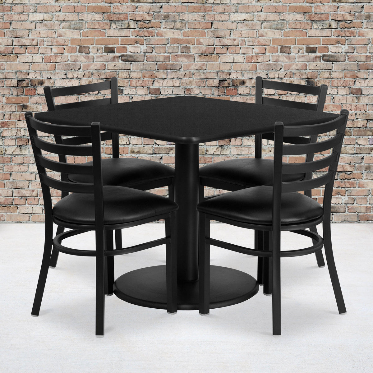 Black Top/Black Vinyl Seat |#| 36inch SQ Black Laminate Table with Round Base & 4 Metal Chairs - Black Vinyl Seat