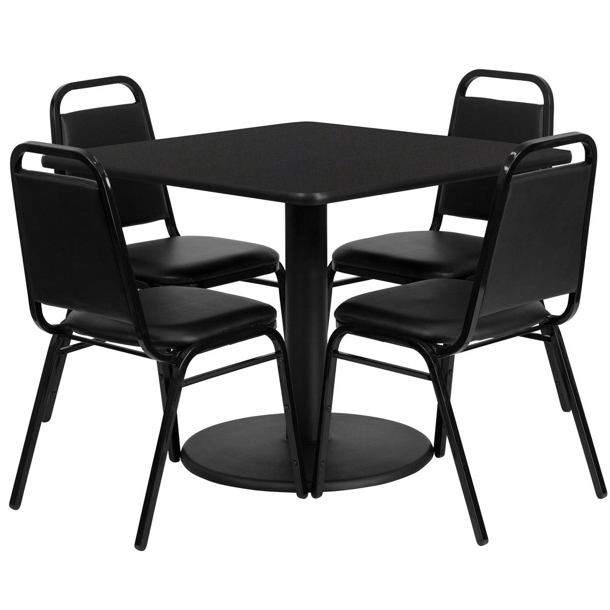 Black Top/Black Vinyl Seat |#| 36inch Square Black Laminate Table with Round Base and 4 Black Banquet Chairs