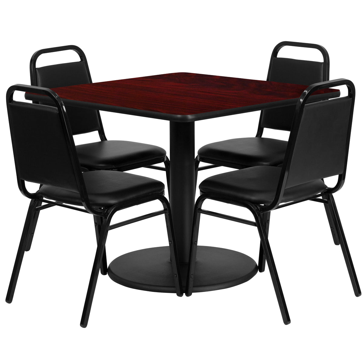Mahogany Top/Black Vinyl Seat |#| 36inch Square Mahogany Laminate Table with Round Base and 4 Black Banquet Chairs