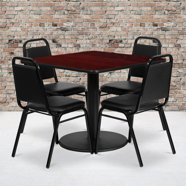 Mahogany Top/Black Vinyl Seat |#| 36inch Square Mahogany Laminate Table with Round Base and 4 Black Banquet Chairs