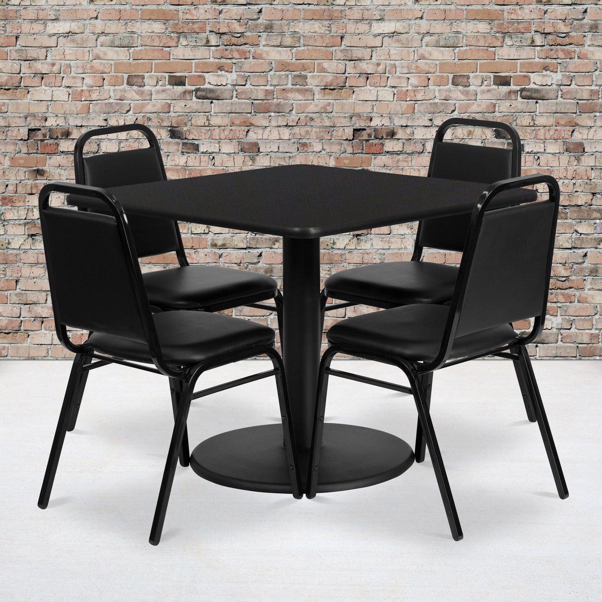 Black Top/Black Vinyl Seat |#| 36inch Square Black Laminate Table with Round Base and 4 Black Banquet Chairs