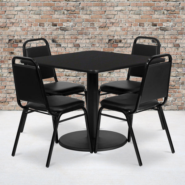 Black Top/Black Vinyl Seat |#| 36inch Square Black Laminate Table with Round Base and 4 Black Banquet Chairs