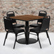 Walnut Top/Black Vinyl Seat |#| 36inch Square Walnut Laminate Table with Round Base and 4 Black Banquet Chairs