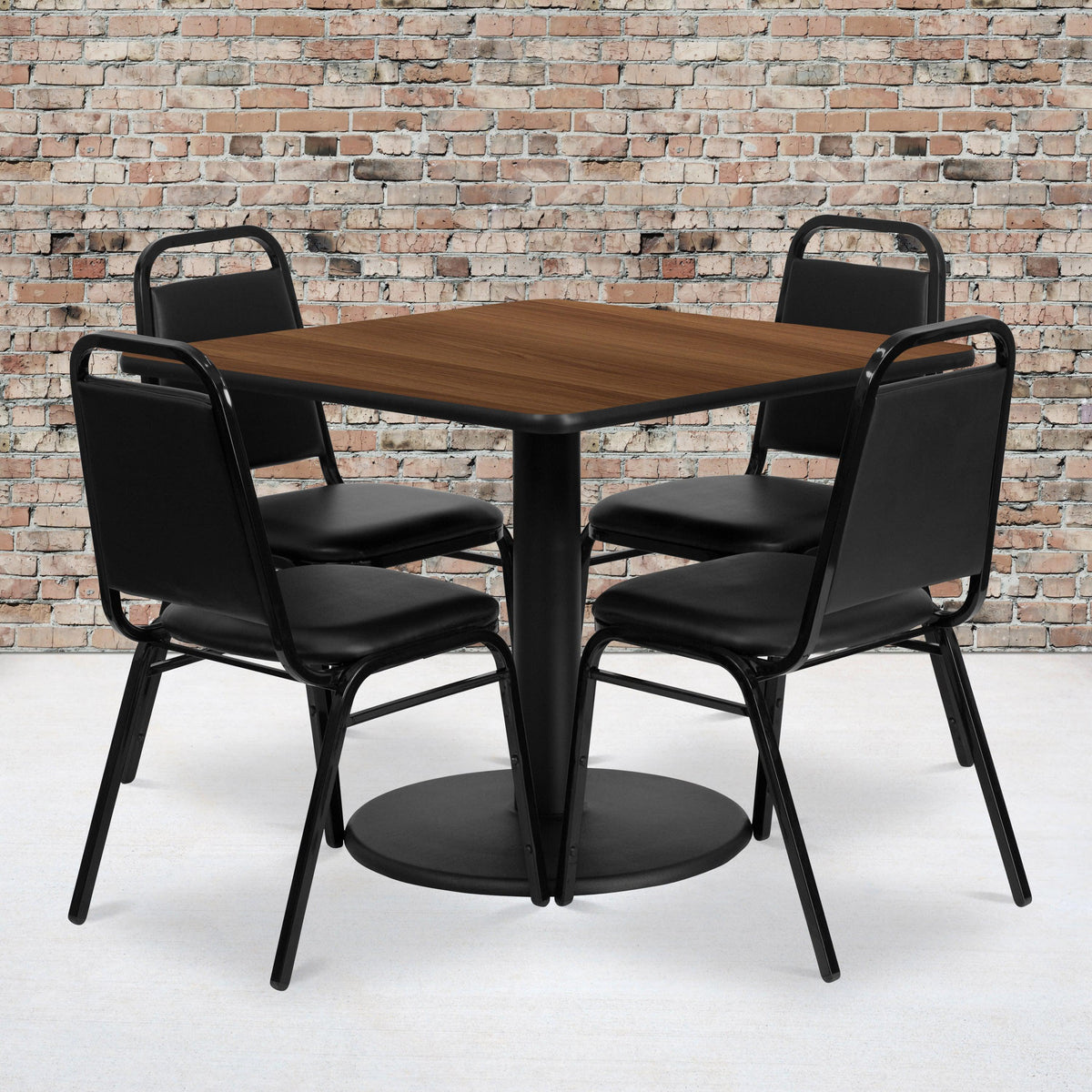 Walnut Top/Black Vinyl Seat |#| 36inch Square Walnut Laminate Table with Round Base and 4 Black Banquet Chairs