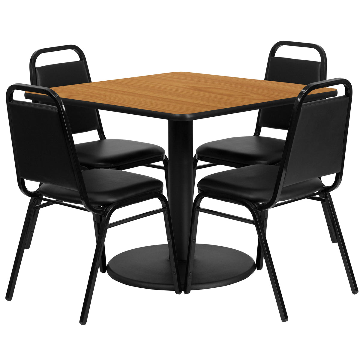 Natural Top/Black Vinyl Seat |#| 36inch Square Natural Laminate Table with Round Base and 4 Black Banquet Chairs